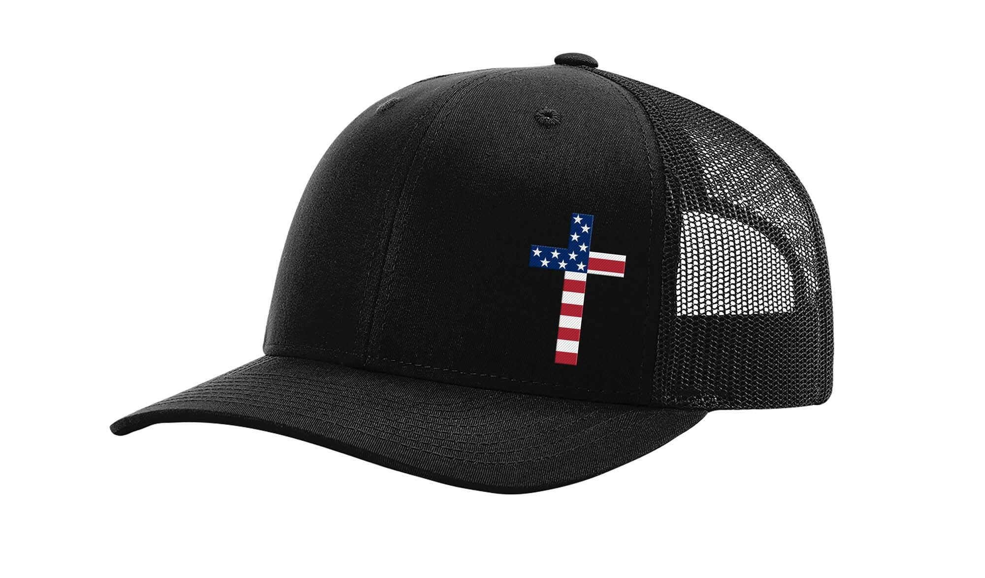 Men's Christian American Flag Filled Cross Jesus Patriotic Embroidered Mesh