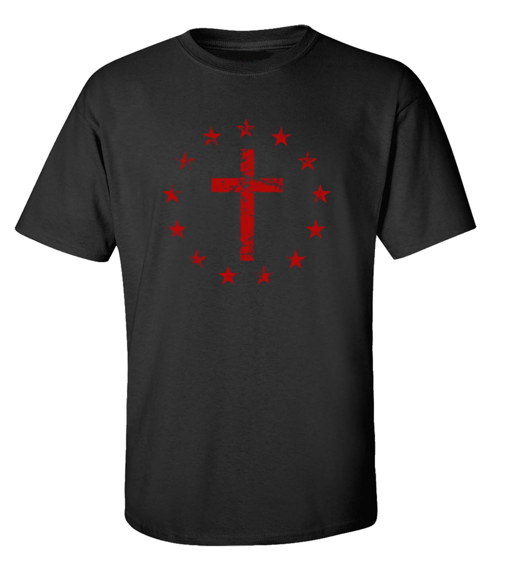Men's Christian Cross Surrounded By Patriotic Betsy Ross Flag 13 Stars Short - Afbeelding 1 van 30