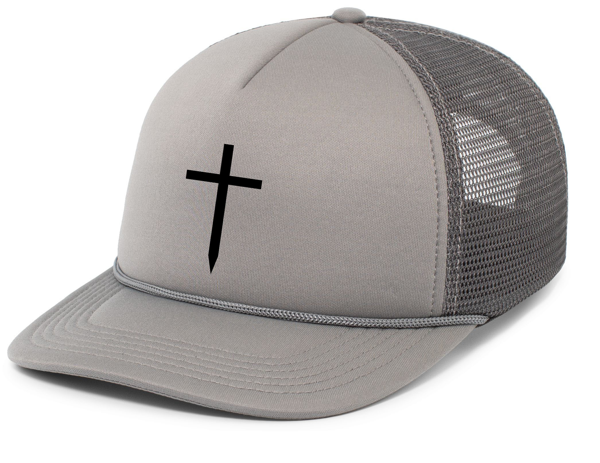 Mens Christian Cross Embroidered Rope Hat Foam Front Mesh Back 