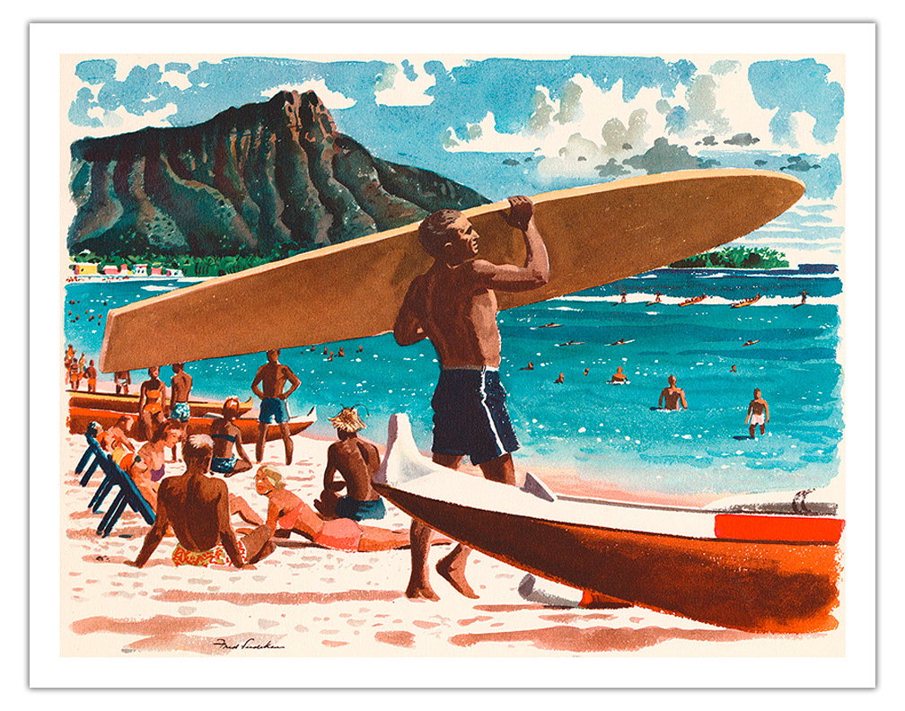Waikiki Beach Hawaii Surfers - United Air Lines Vintage Travel