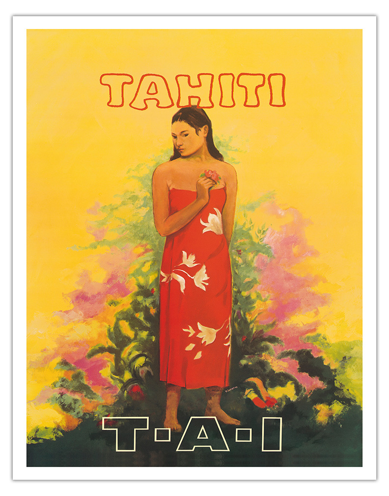 Tahiti French Polynesia - Vintage TAI Airlines Travel Poster by V. Schiavone - Picture 2 of 25