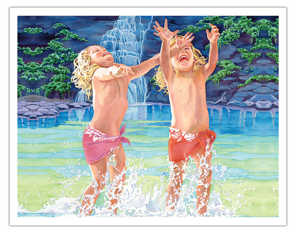 Splash!  (E Pakī!) - Hawaiian Children at Waterfall by Janet Stewart