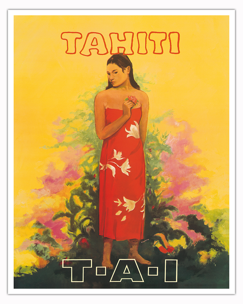 Tahiti French Polynesia - Vintage TAI Airlines Travel Poster by V. Schiavone - Picture 3 of 25