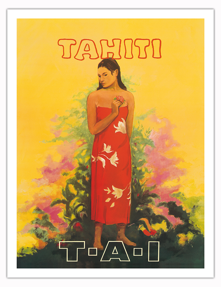 Tahiti French Polynesia - Vintage TAI Airlines Travel Poster by V. Schiavone - Picture 4 of 25