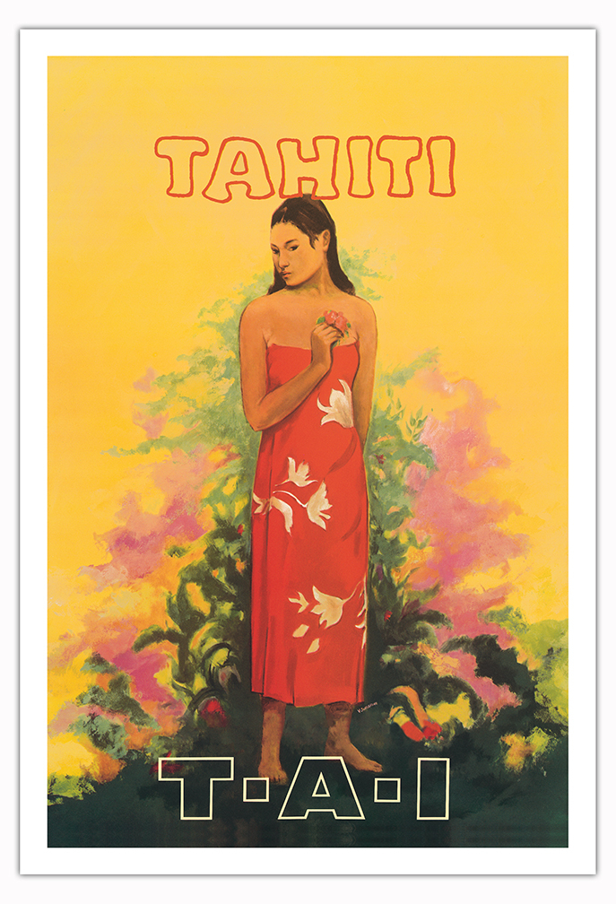 Tahiti French Polynesia - Vintage TAI Airlines Travel Poster by V. Schiavone - Picture 5 of 25