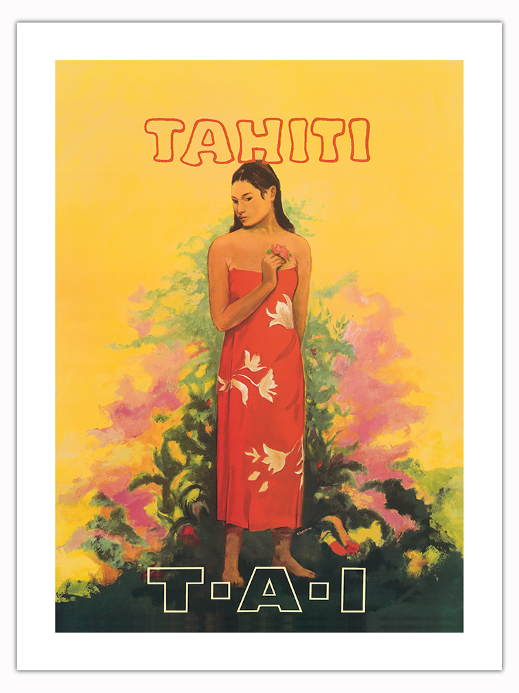 Tahiti French Polynesia - Vintage TAI Airlines Travel Poster by V. Schiavone - Picture 14 of 25