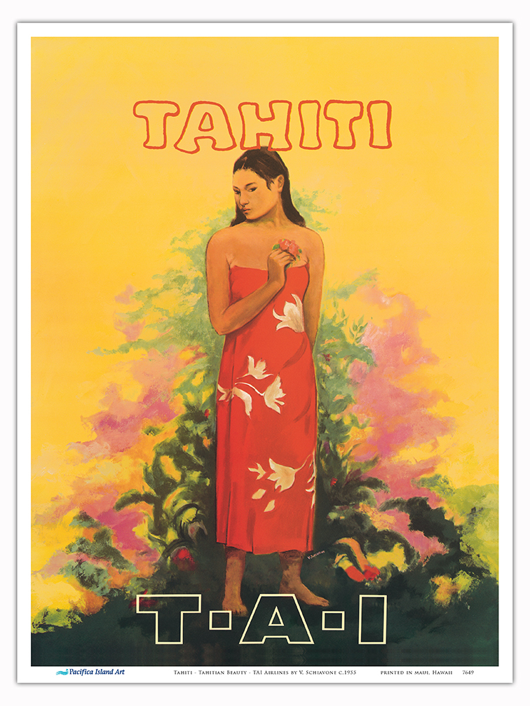 Tahiti French Polynesia - Vintage TAI Airlines Travel Poster by V. Schiavone - Picture 16 of 25