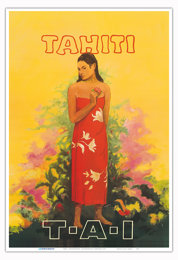 Tahiti French Polynesia - Vintage TAI Airlines Travel Poster by V. Schiavone - Picture 18 of 25