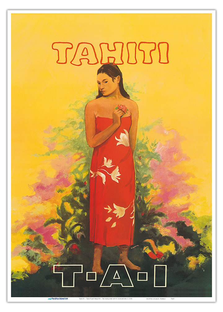 Tahiti French Polynesia - Vintage TAI Airlines Travel Poster by V. Schiavone - Picture 19 of 25